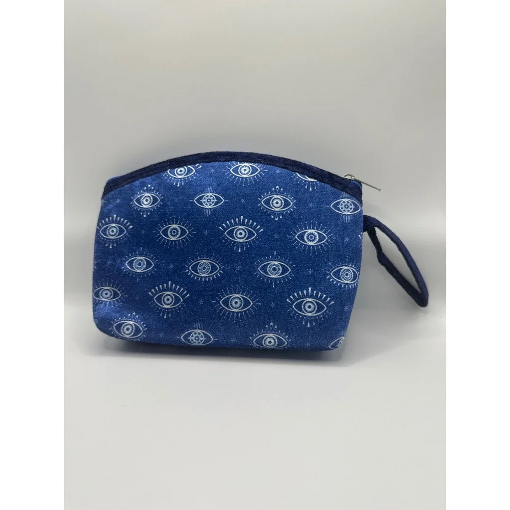 Handmade Evil Eye Wristlet Pouch Navy Blue Mystical Makeup Bag Travel Clutch